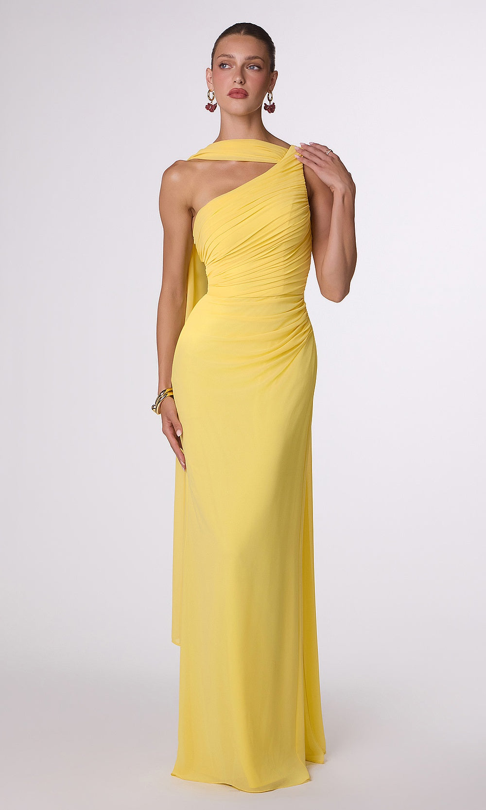 LaDivine T730 One-Shoulder Chiffon Evening Gown – Ruched Sleeveless Formal Dress
