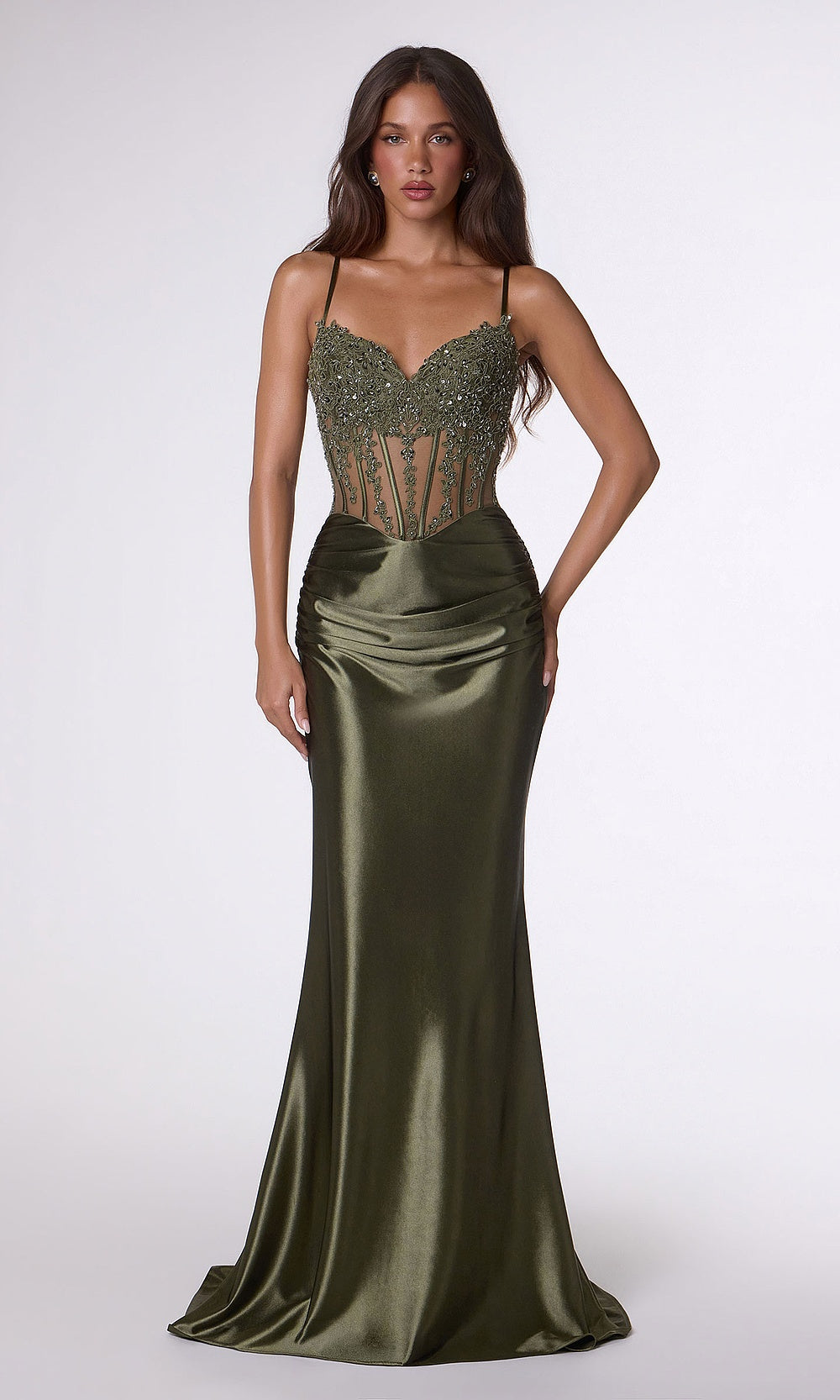 LaDivine T819 Strapless Sweetheart Beaded Lace Corset Satin Gown – Crisscross-Back Train Bridesmaid Formal Dress