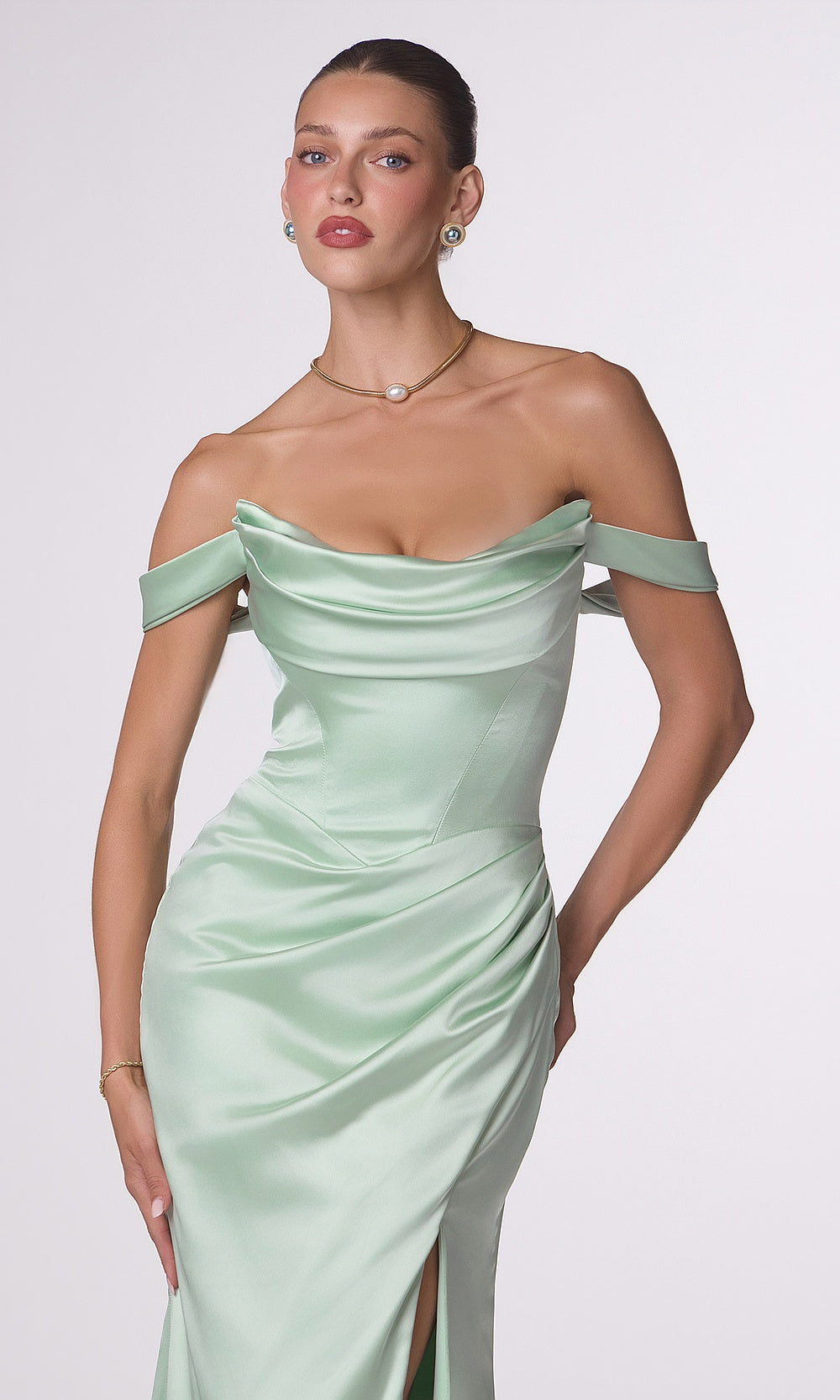 LaDivine T820 Off-Shoulder Satin Drape Gown – Fitted Bridesmaid & Formal Evening Dress