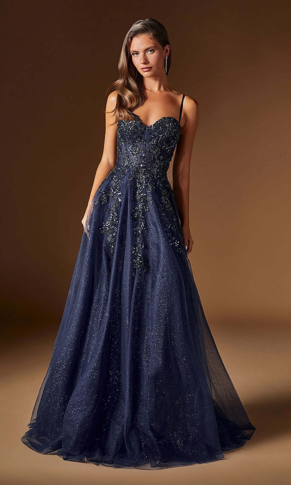 Ladivine C177 navy prom dress front view with glitter tulle, beaded floral appliqués, sweetheart corset bodice, formal prom gown