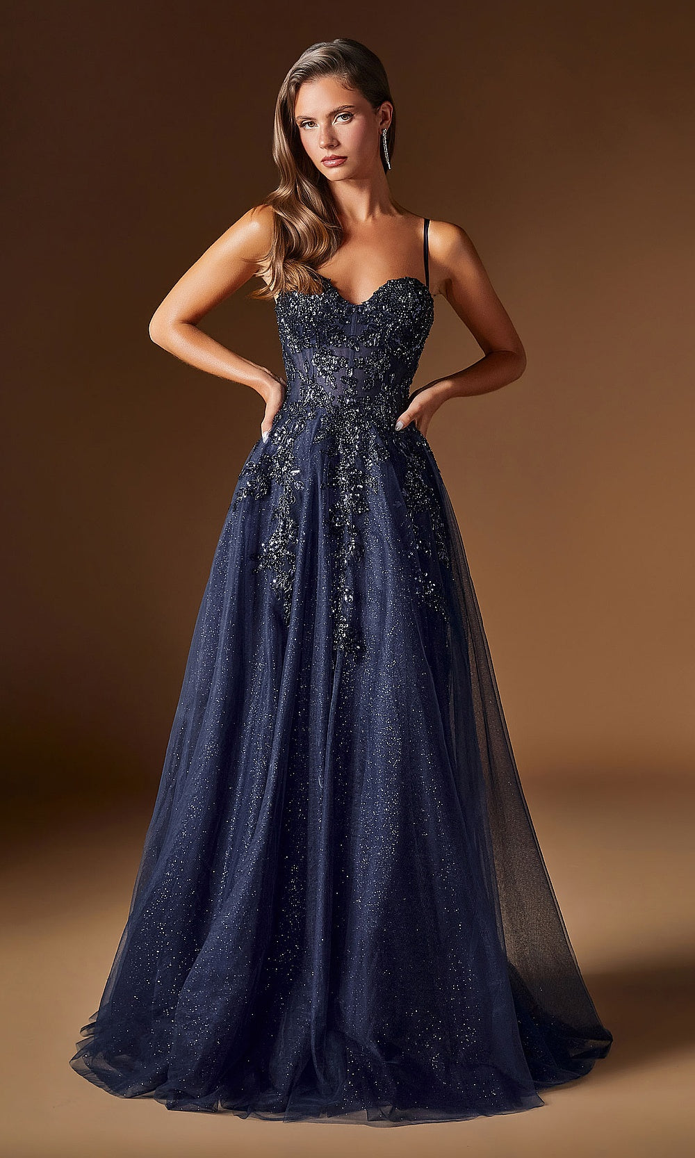 Ladivine C177 navy front view sweetheart neckline ballgown with spaghetti straps, beaded floral appliqués cascading skirt, formal prom gown
