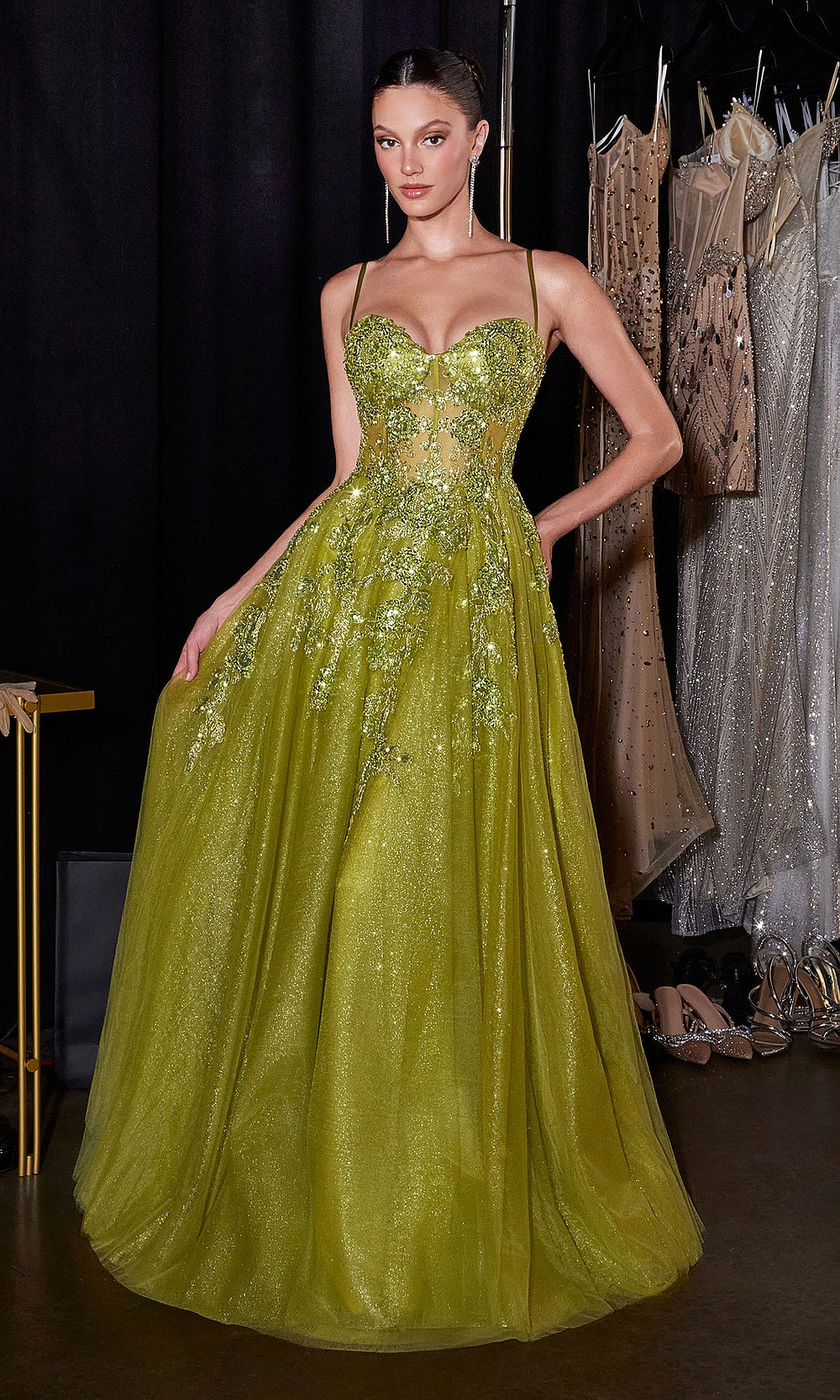 Ladivine C177 olive front view sweetheart ballgown with glitter tulle, beaded floral appliqués, spaghetti straps, evening gown styling, prom ready