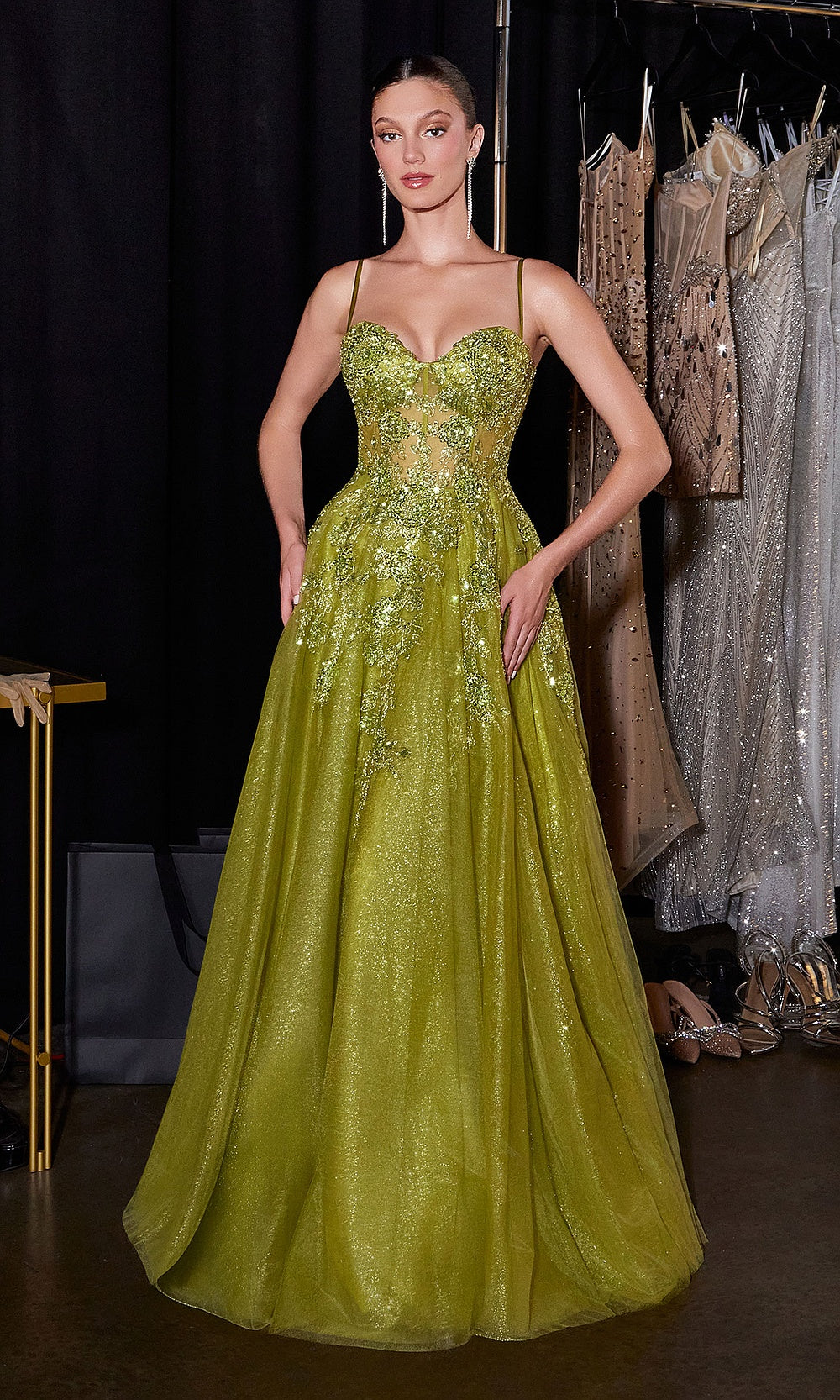 Ladivine C177 olive front view full-volume a-line ballgown with corset bodice, beaded floral appliqués, sweep train, formal prom gown