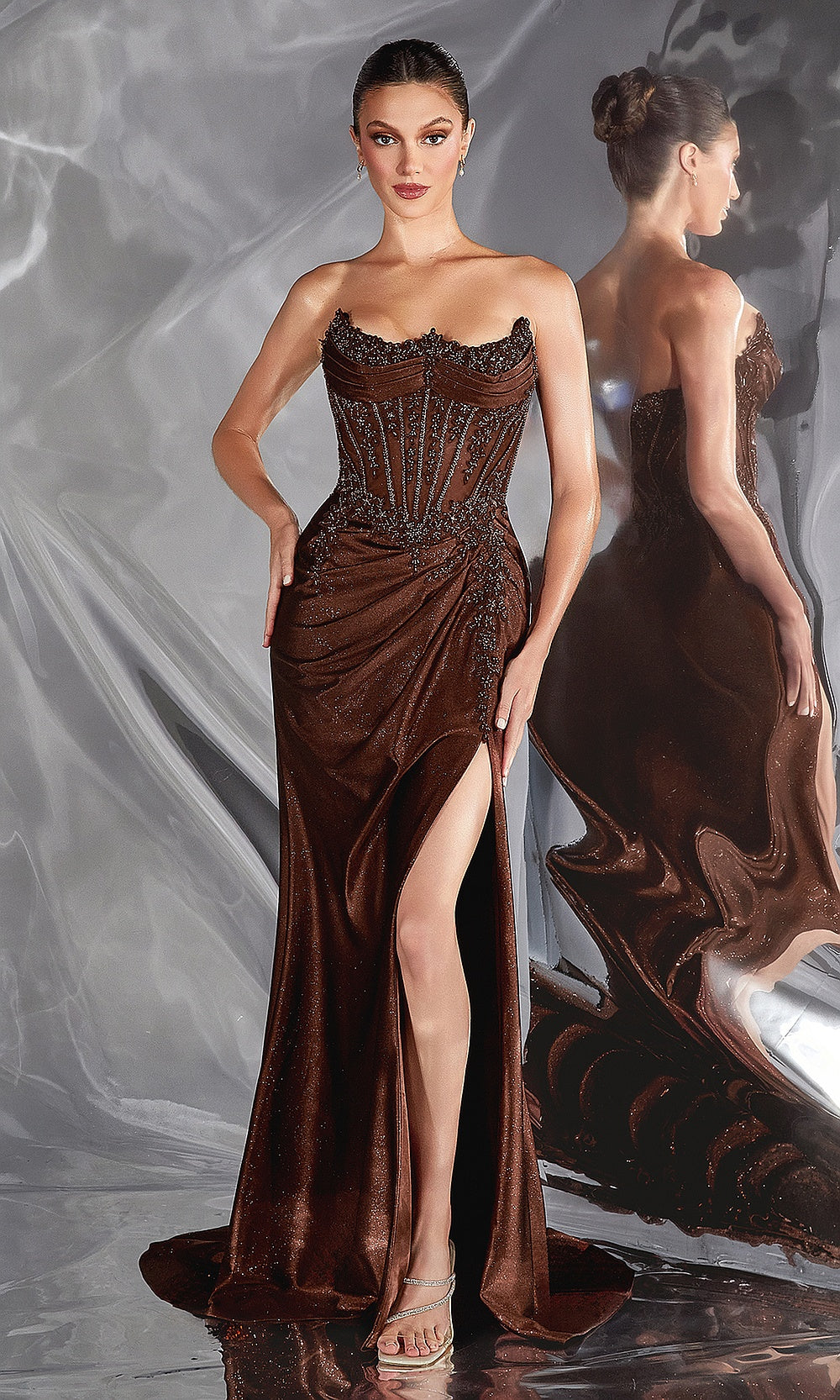 Ladivine CC463 Strapless Corset Beaded Gown – Satin Floor-Length Dress with High Slit