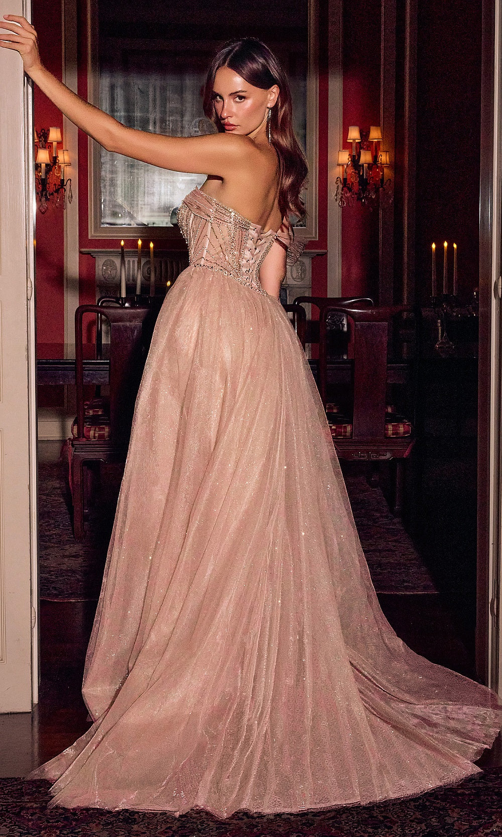 Ladivine CC506 mocha gold prom dress back view with open corset lacing, boning channels, full laced corset back, detachable overskirt, evening gown