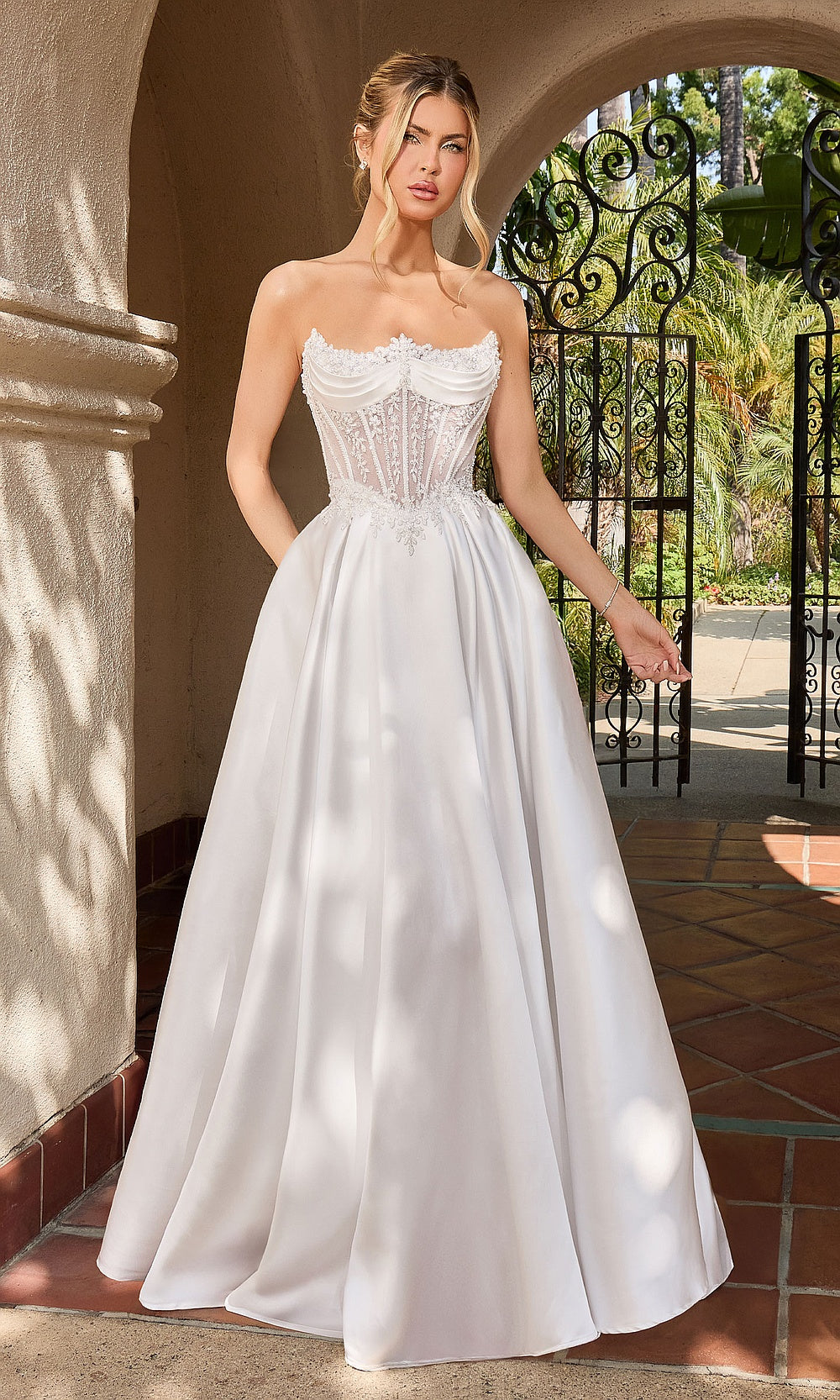 Ladivine CC511W off-white strapless full ballgown silhouette with beaded lace bodice and smooth satin skirt, alternate front view, formal prom gown, a wedding favorite