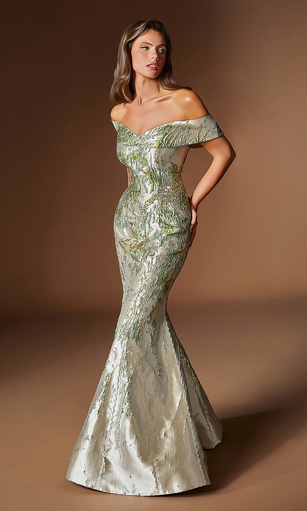 Ladivine CD0107 green silver formal gown with metallic jacquard print and dramatic trumpet flare, fitted mermaid silhouette, side view, black tie event dress