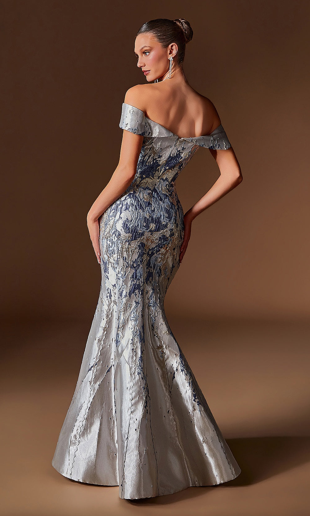 Ladivine CD0107 navy silver formal gown with structured boned bodice, off-shoulder back exposure, long mermaid trumpet silhouette, back view, gala gown