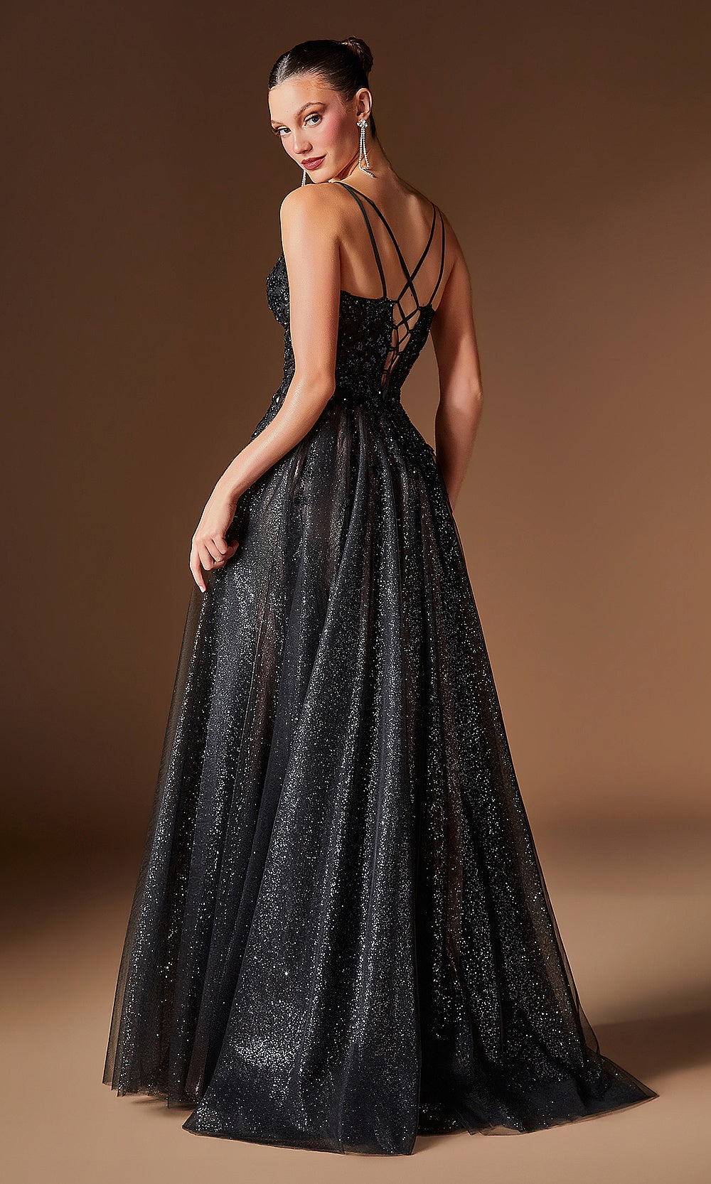 Ladivine CD2412 black champagne beige back prom gown with crisscross lace-up open back, glitter tulle a-line skirt, evening gown