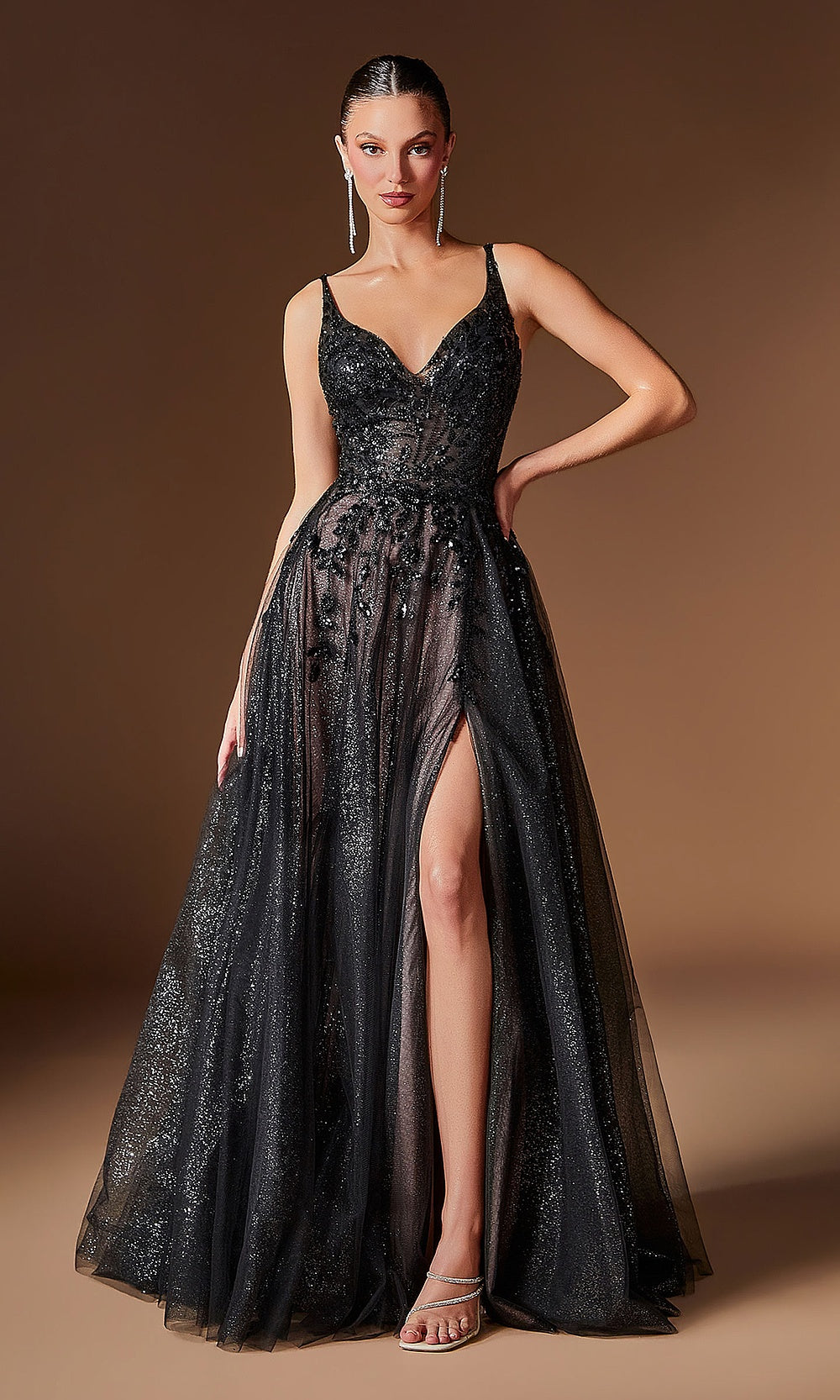 Ladivine CD2412 black champagne beige front prom gown with glitter tulle skirt, beaded floral illusion corset bodice, high slit, formal prom gown