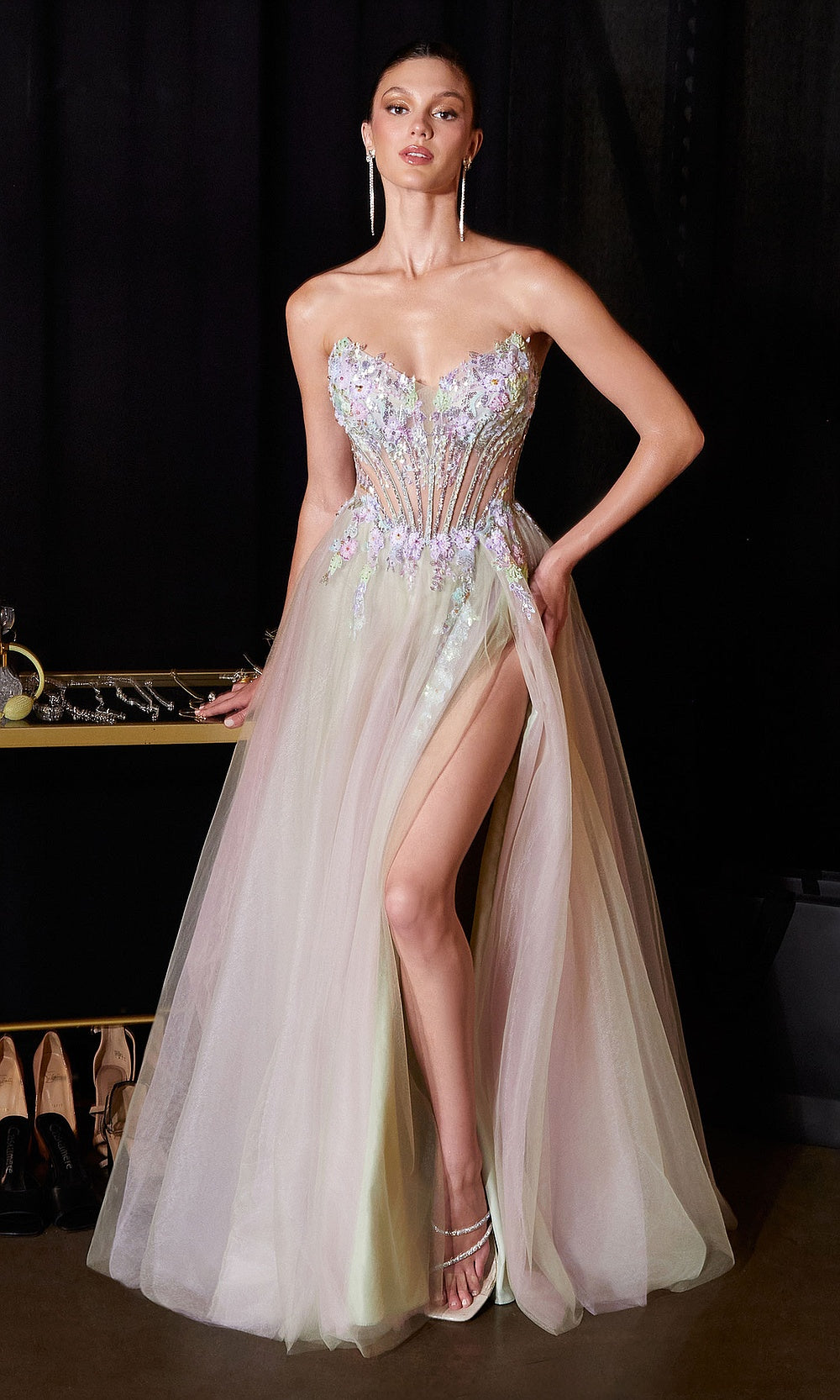 Ladivine CD2418 sage full-length view prom dress with dramatic A-line tulle skirt, high front slit, beaded floral appliqués, evening gown for pageant and formal events