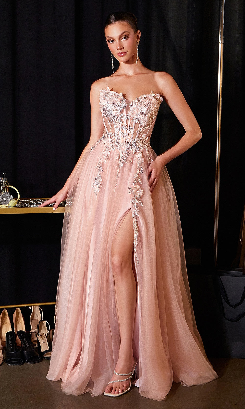 Ladivine CD2426 blush prom dress front view with tulle skirt, 3D floral appliqués and beading on strapless sweetheart illusion corset bodice, a-line silhouette, formal prom gown