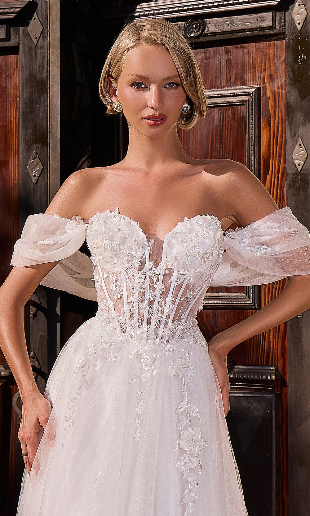 Ladivine CD2426W off-white detail view wedding ballgown bodice with sheer illusion boning panel, beading, embroidery, floral appliqués, sweetheart neckline, wedding reception dress