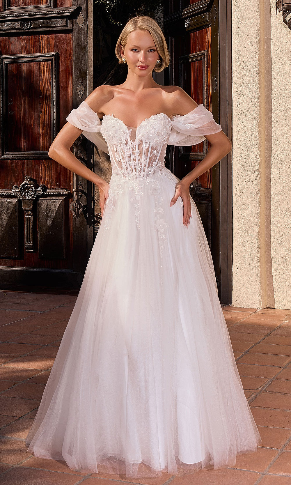 Ladivine CD2426W off-white front view wedding ballgown with tulle skirt, sweetheart illusion corset bodice, 3D floral appliqués, a-line silhouette, bridal shower styling