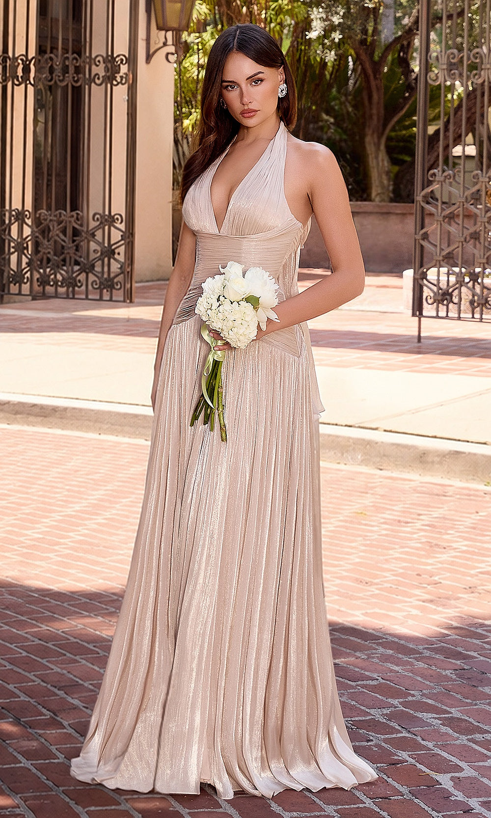 LaDivine CD412 Halter Neck Pleated Chiffon Gown – Crisscross High-Slit Formal Evening Dress