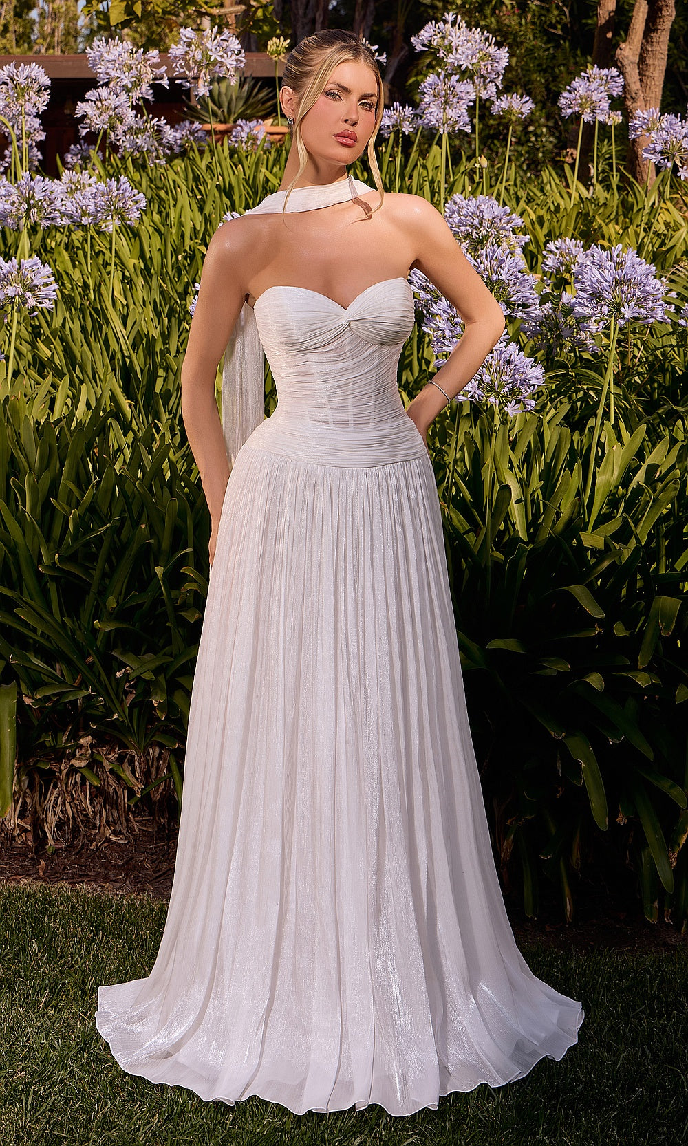 Ladivine CD414W off white strapless sweetheart chiffon a-line prom gown with boned corset bodice, crisscross lace-up back, and sweep train, front view, formal prom gown