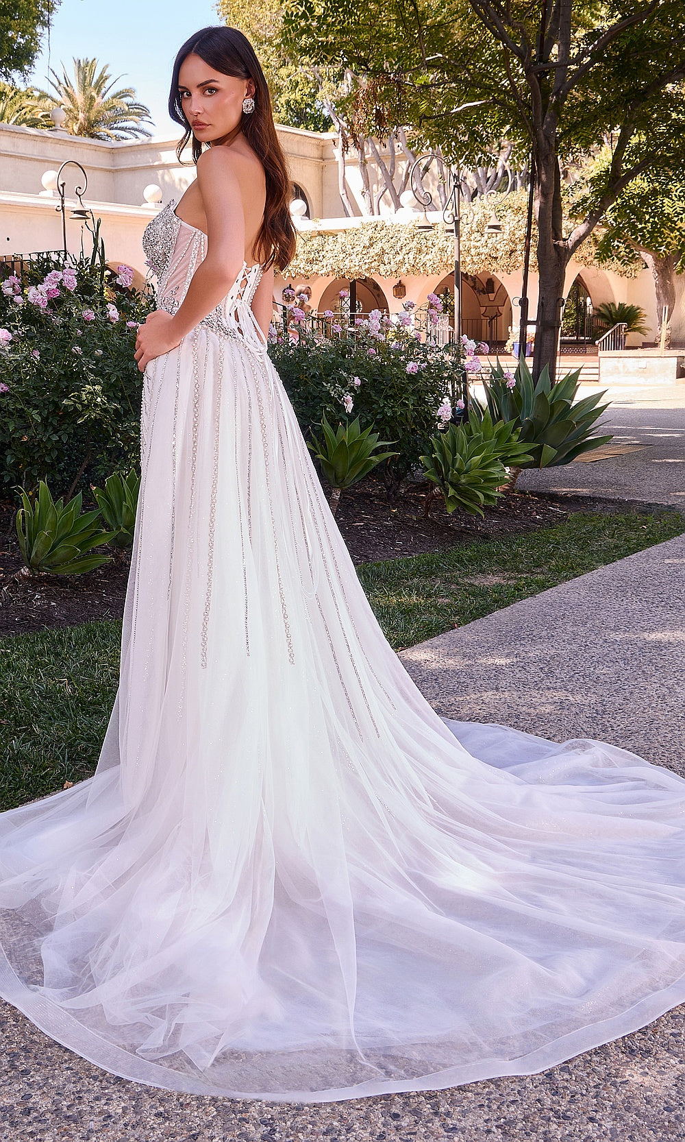 Ladivine CD643W off white back prom gown with full lace-up open corset back, cascading crystal beading on tulle skirt, evening gown