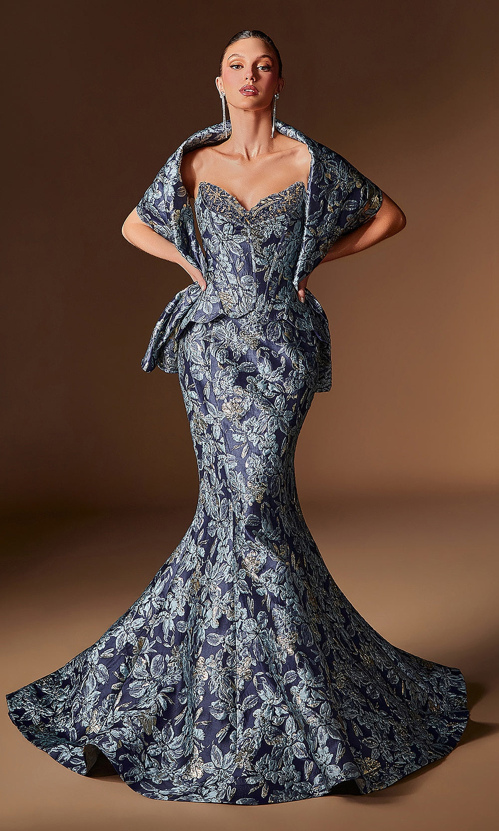 Ladivine CD655 navy prom strapless sweetheart mermaid gown in floral brocade with boned corset bodice, swept train, front view, formal prom gown