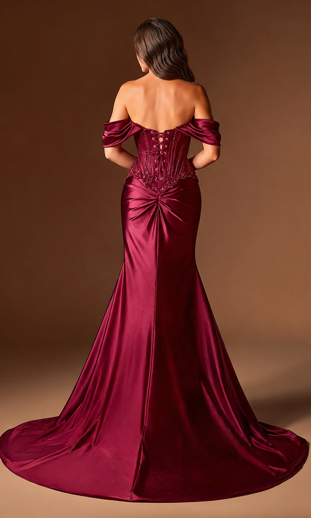 Ladivine CD656 burgundy prom dress back view with full open back, lace-up corset closure, sweep train, evening gown