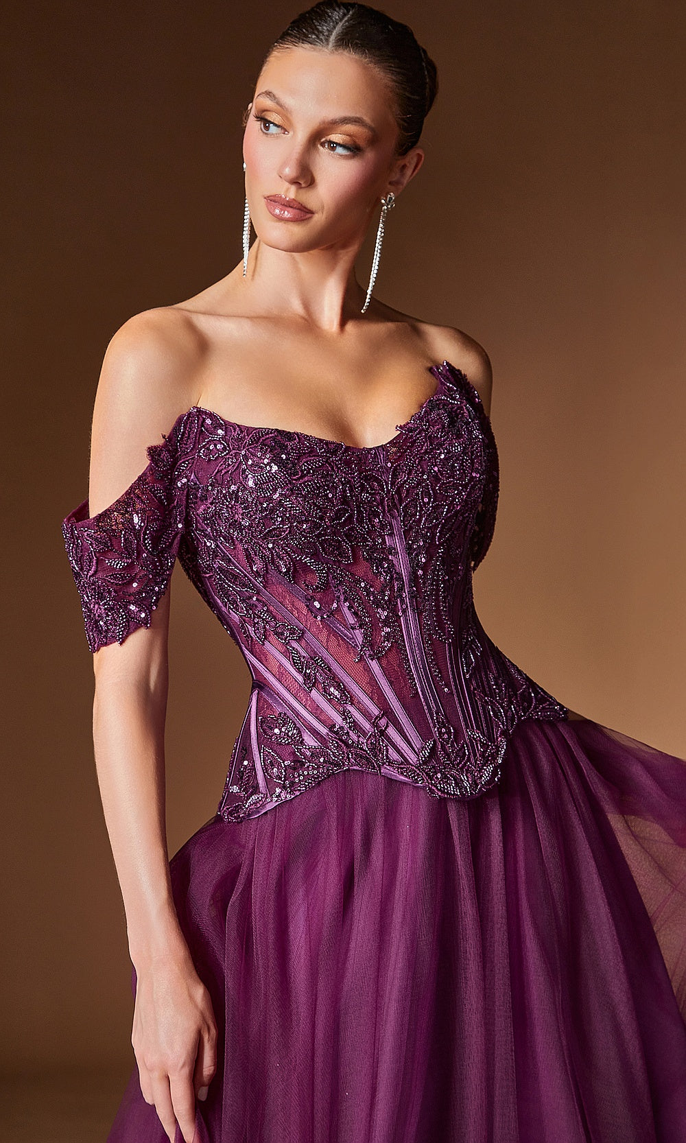 Ladivine CD657 eggplant bodice detail off-shoulder sleeve cap beading embroidery visible boning channels sweetheart neckline red carpet styling, a prom favorite