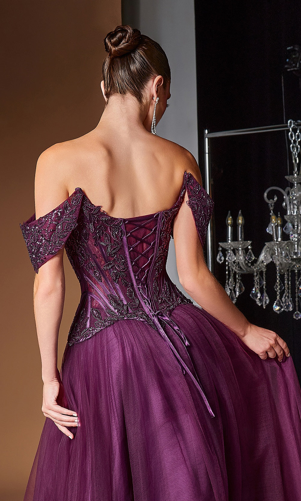 Ladivine CD657 eggplant back-detail view ribbon lace-up corset back boning channels beading and embroidery a-line tulle ballgown prom gown