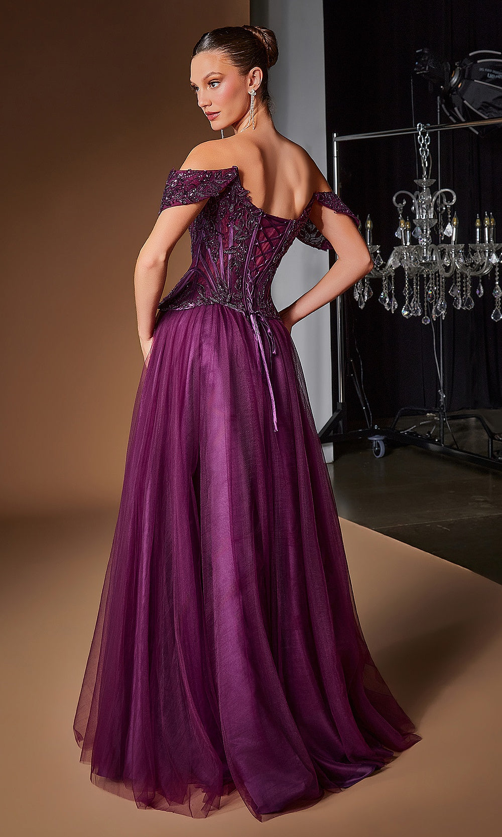 Ladivine CD657 eggplant back view lace-up corset closure boned bodice with beading and embroidery a-line tulle ballgown evening gown styled for prom