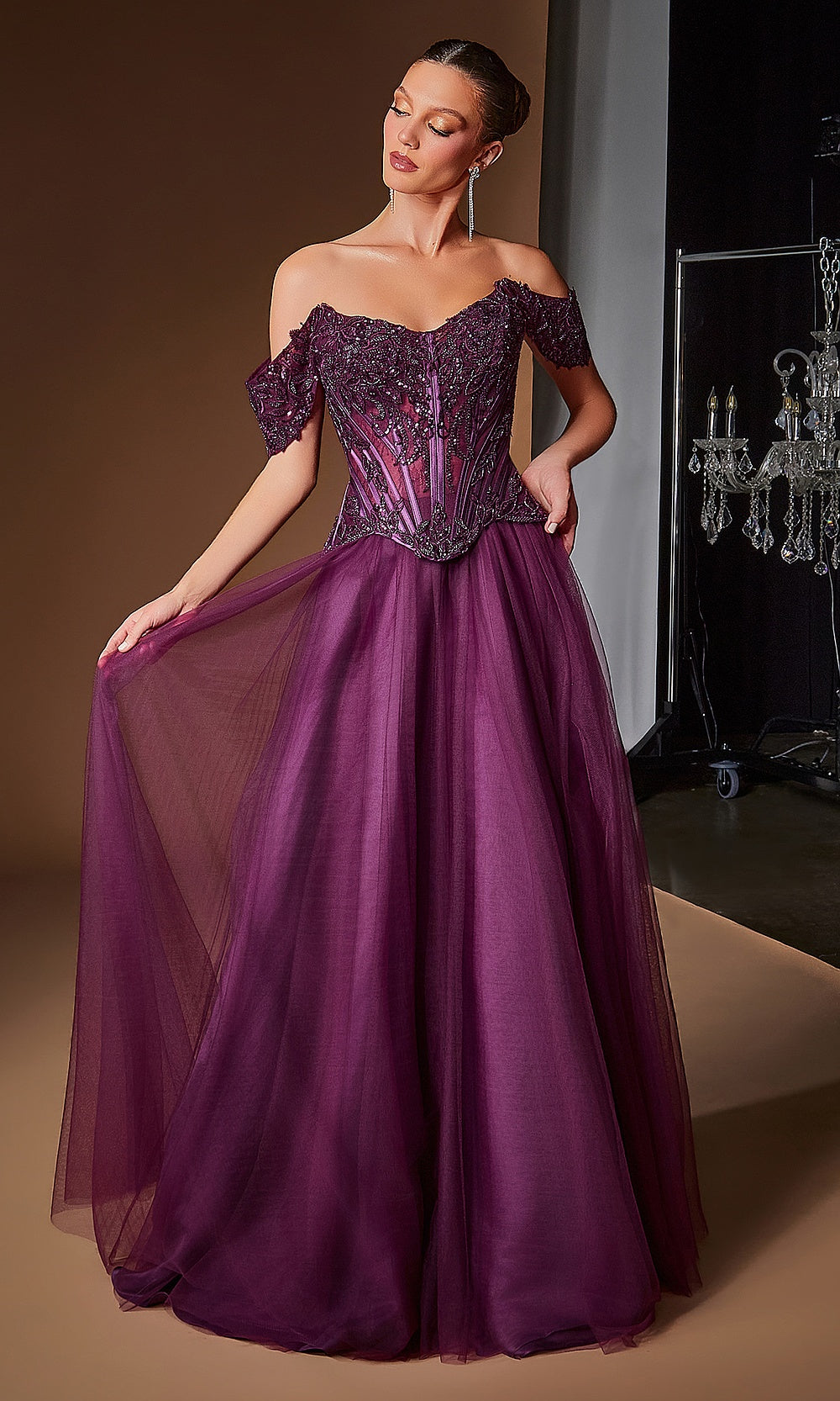 Ladivine CD657 eggplant front view off-shoulder beaded corset ballgown in tulle with sweetheart neckline a-line silhouette formal prom gown