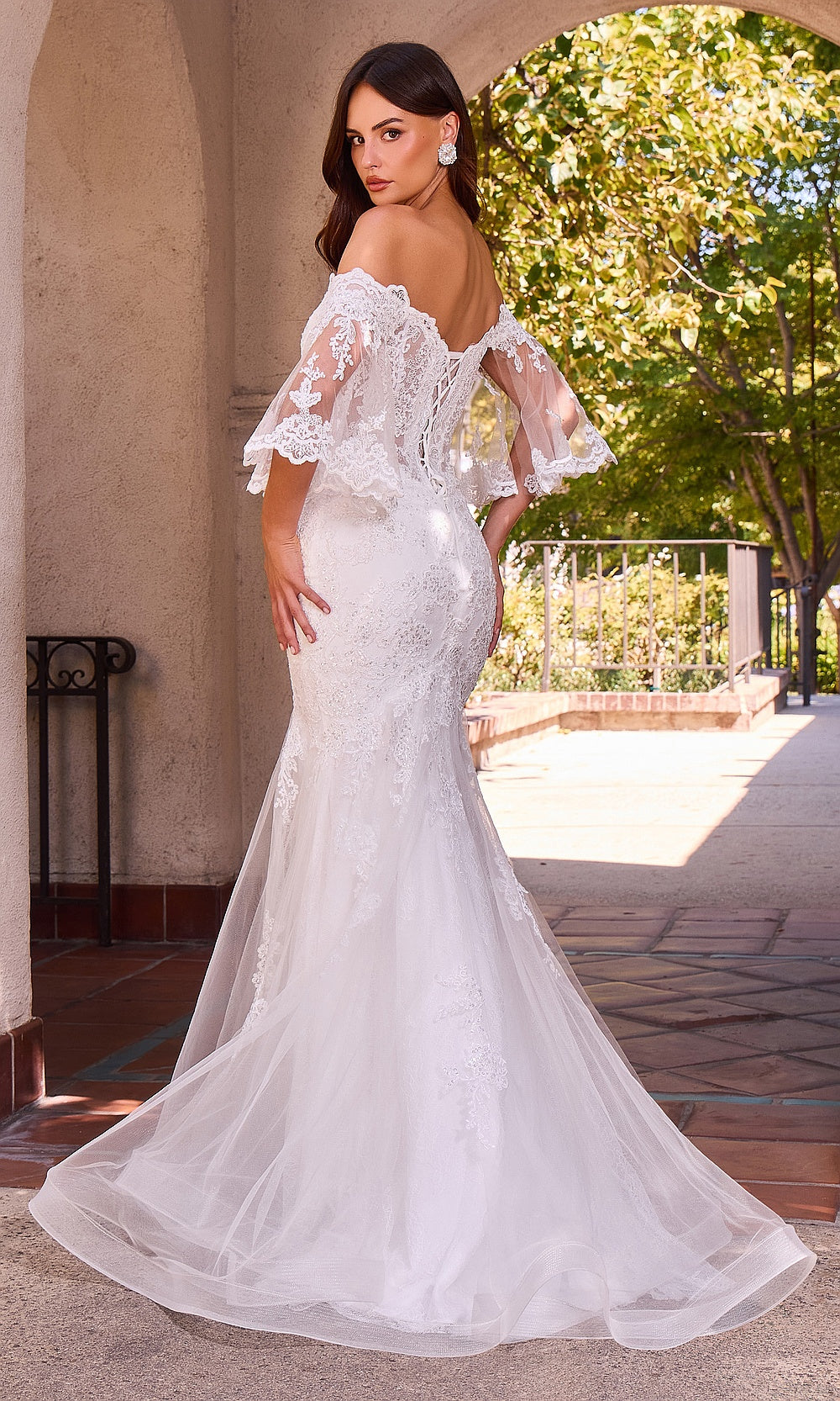Ladivine CD659W off white back view wedding gown with lace-up corset closure, boning, floral appliqués on tulle skirt, chapel train, engagement party dress
