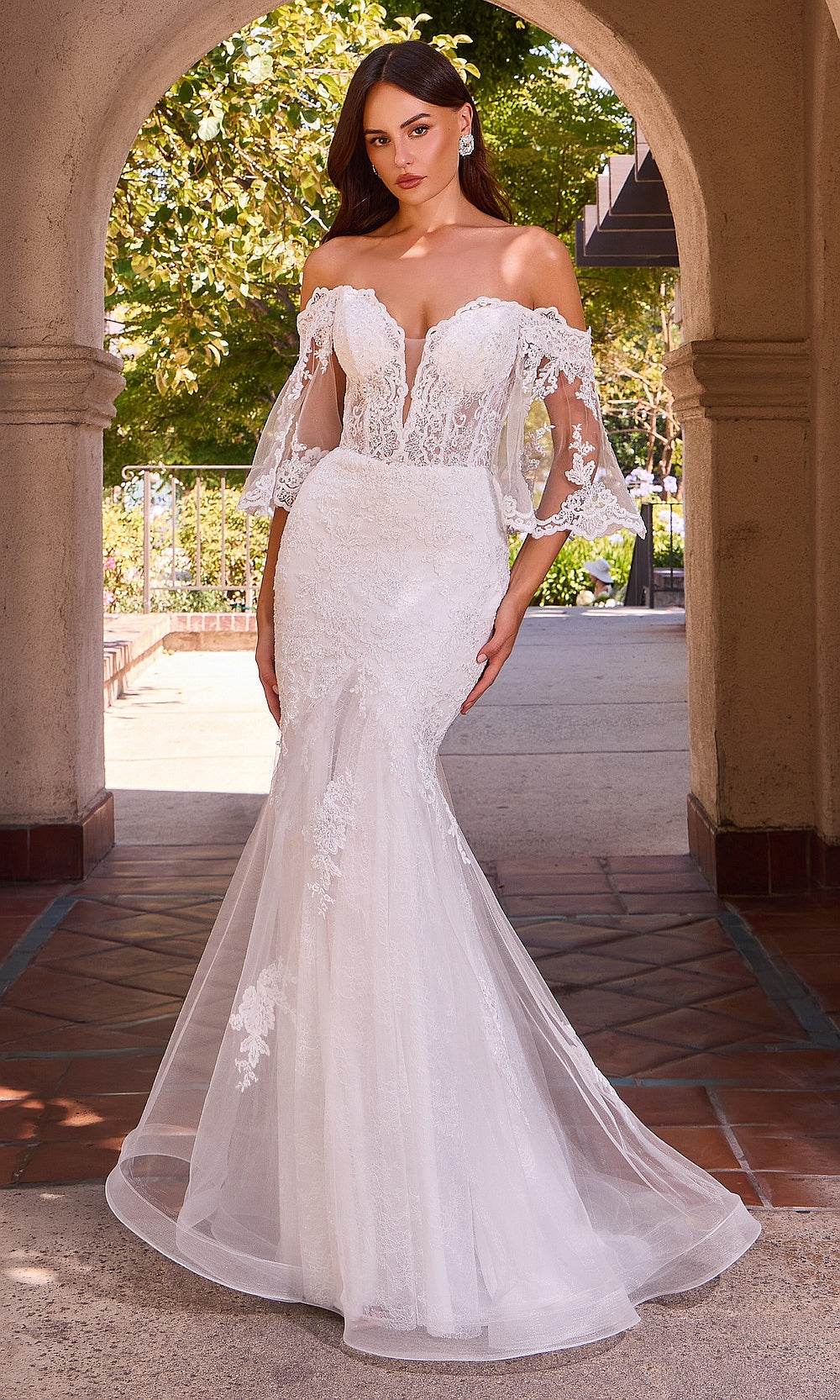 Ladivine CD659W off white front view wedding gown with illusion lace bodice, off-shoulder sleeves, sweetheart neckline, mermaid silhouette, bridal shower styling