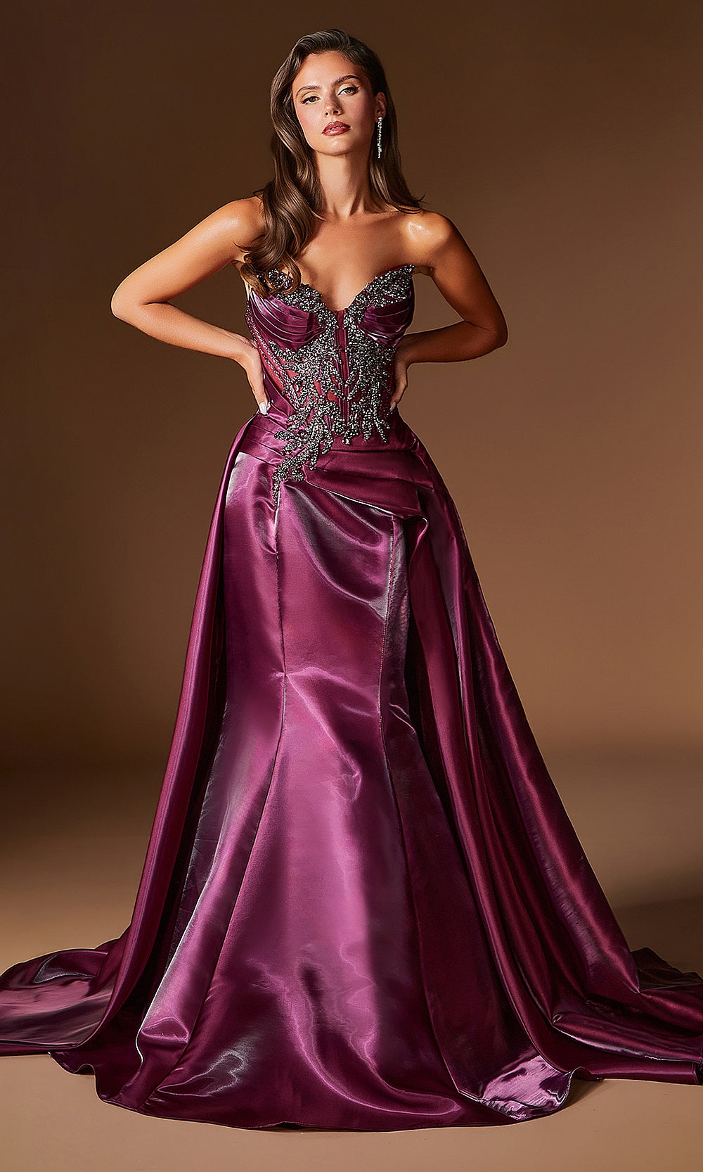 Ladivine CDS568 Plum Noir front view strapless sweetheart beaded corset fitted overskirt satin prom gown formal prom evening gown