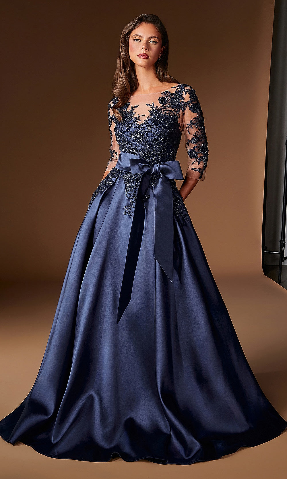 Ladivine CDS569 navy mother-of-the-bride dress with satin skirt, beaded illusion lace bodice, a-line ballgown silhouette, front view, formal wedding celebration dress