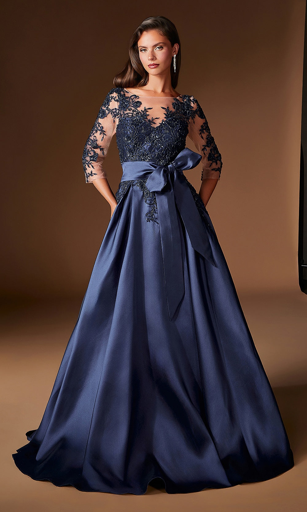 Ladivine CDS569 navy illusion lace MOB gown with floral appliqués, pockets, 3/4 sleeves and satin skirt, front view, black tie event dress made for mother-of-the-bride nights