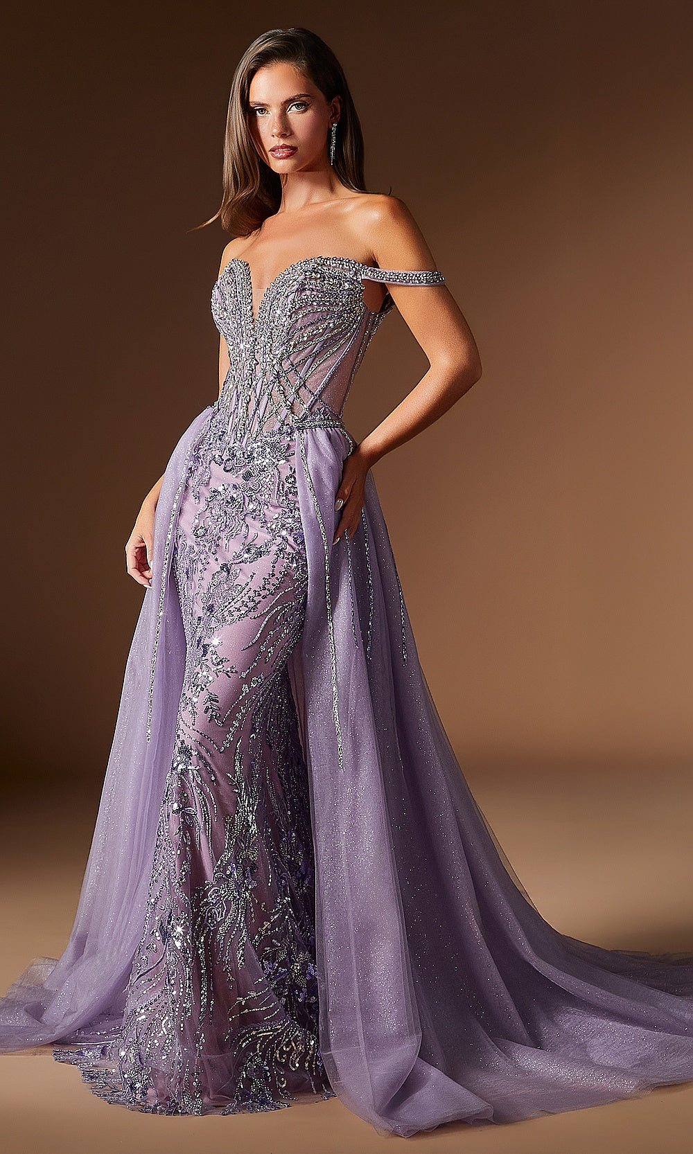 Ladivine CDS570 English Violet prom dress with glitter tulle overskirt, off-shoulder beaded straps, illusion corset bodice, detachable ballgown skirt draped open, front view, formal prom gown