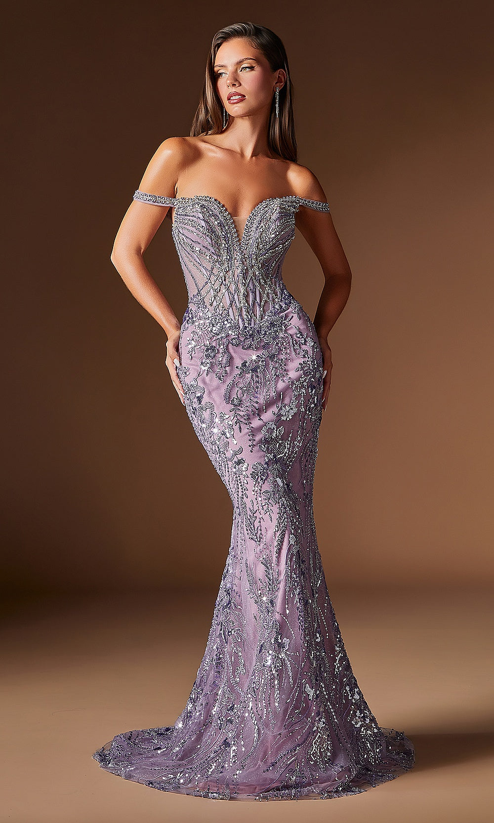 Ladivine CDS570 English Violet prom dress without overskirt, fully beaded mermaid silhouette, sweetheart neckline, off-shoulder straps, sweep train, front view, formal prom gown