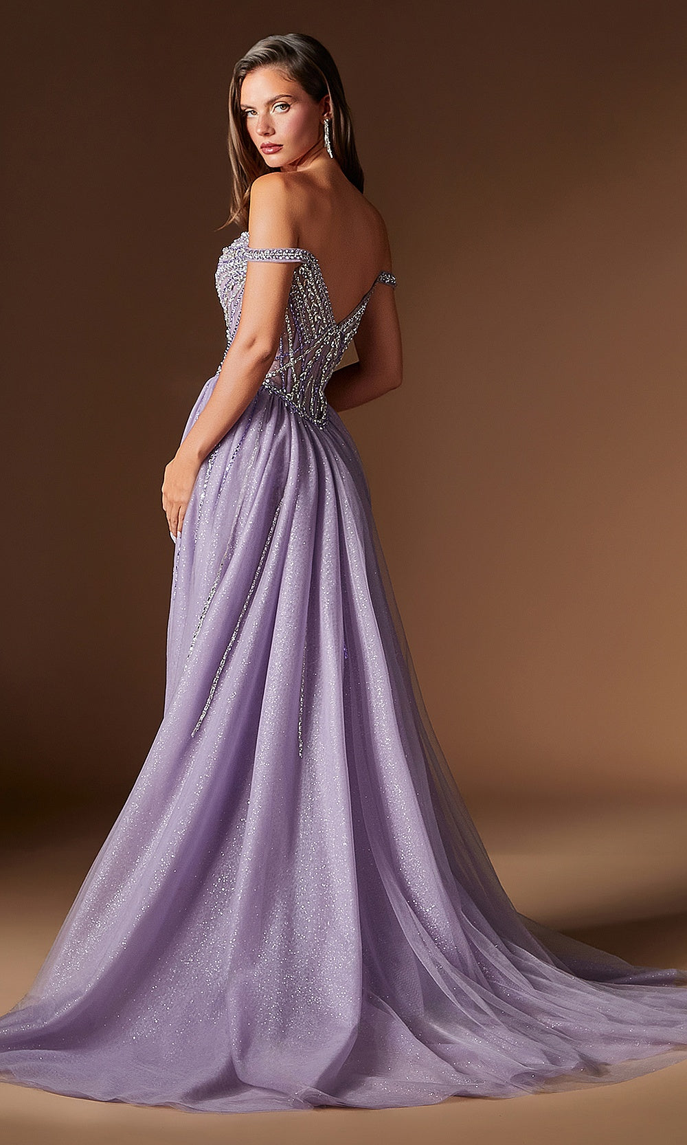 Ladivine CDS570 English Violet prom dress with sheer illusion open back, beaded mesh panels, glitter tulle overskirt train, full back view, evening gown