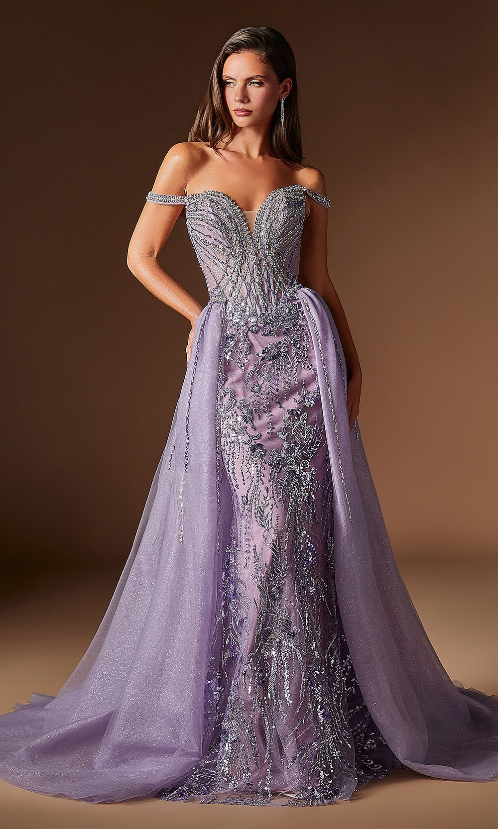 Ladivine CDS570 English Violet prom dress with detachable glitter tulle overskirt partially draped, fitted beaded underdress visible beneath, front view, pageant gown