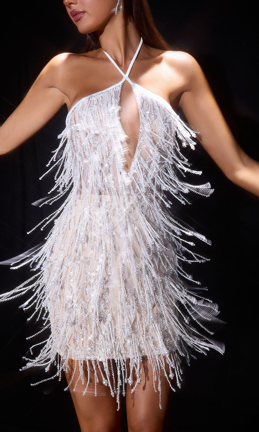 Ladivine CDS574 off white cocktail dress detail view showing crystal beading, pearl-tipped fringe strands, dense bead embellishment close-up, cocktail party dress