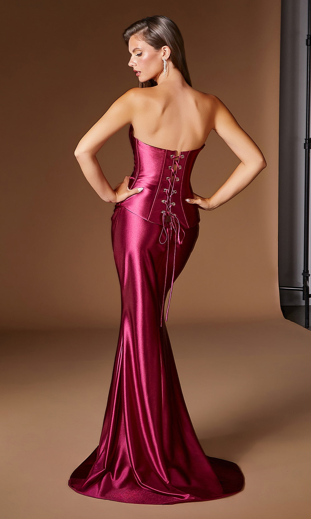 Ladivine CH2602 burgundy prom lace-up corset back mermaid gown in satin with metal-eyelet closure, back view, evening gown
