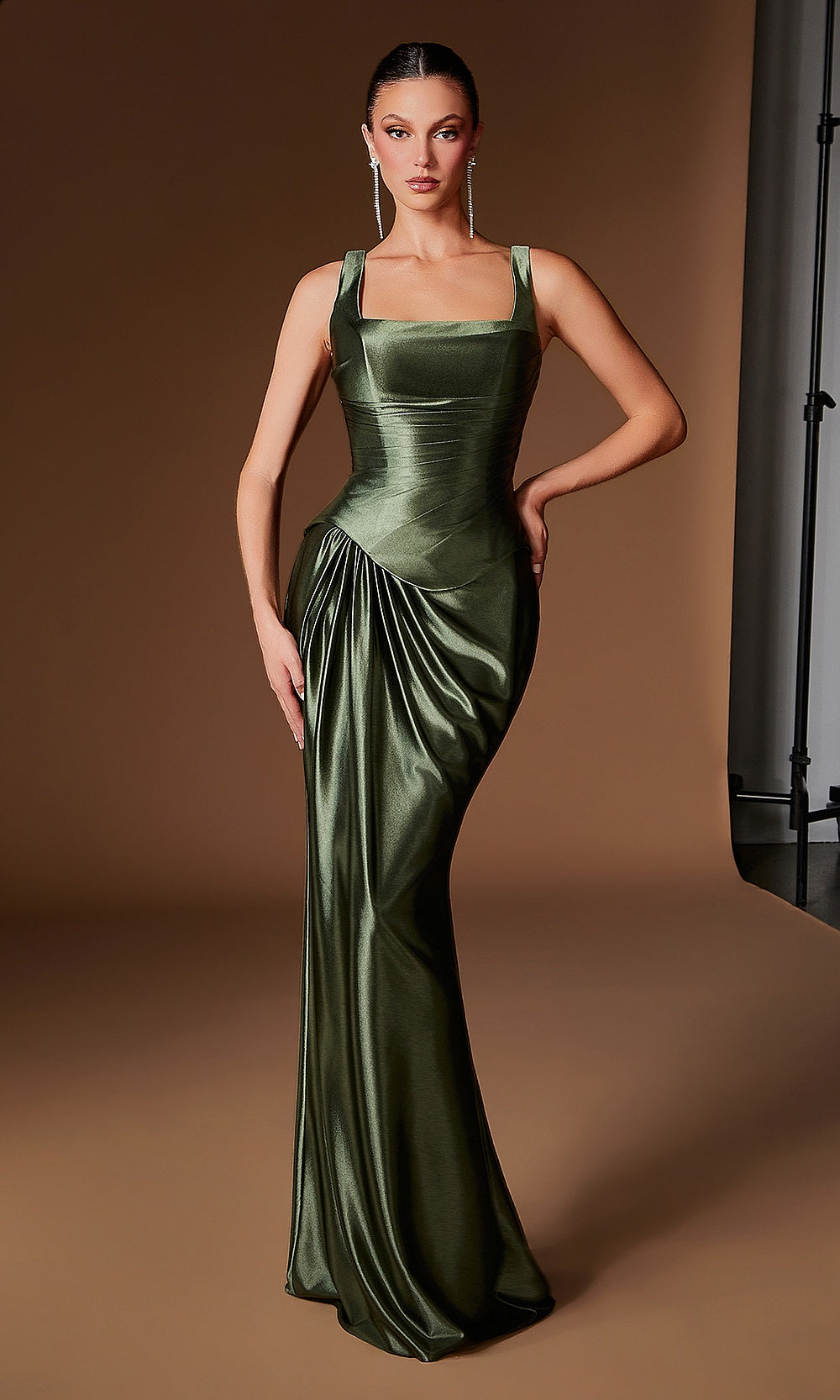 Ladivine CH2604 olive prom dress front view in metallic stretch jersey, boned bodice with diagonal banding, fitted silhouette, formal prom gown