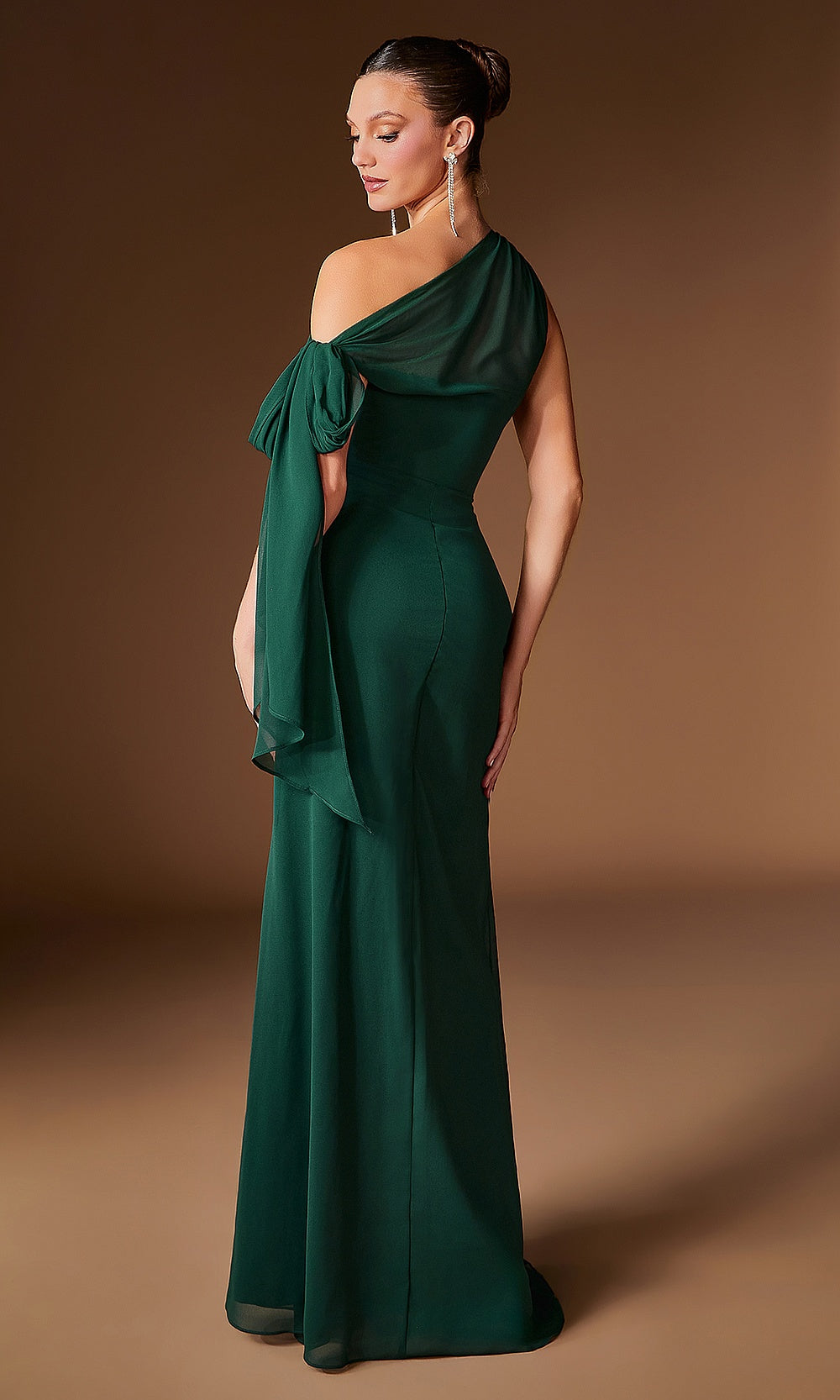 Ladivine CH2612 emerald formal gown with covered high back, chiffon base and chiffon overlay, floor-length fitted sheath, back view, gala gown