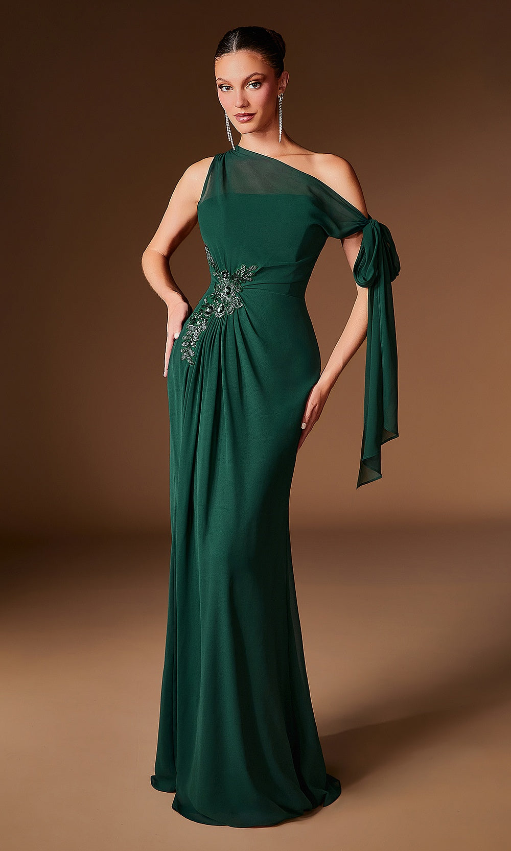 Ladivine CH2612 emerald formal dress with chiffon drape and beaded floral appliqué, fitted sheath silhouette, front view, black-tie event dress