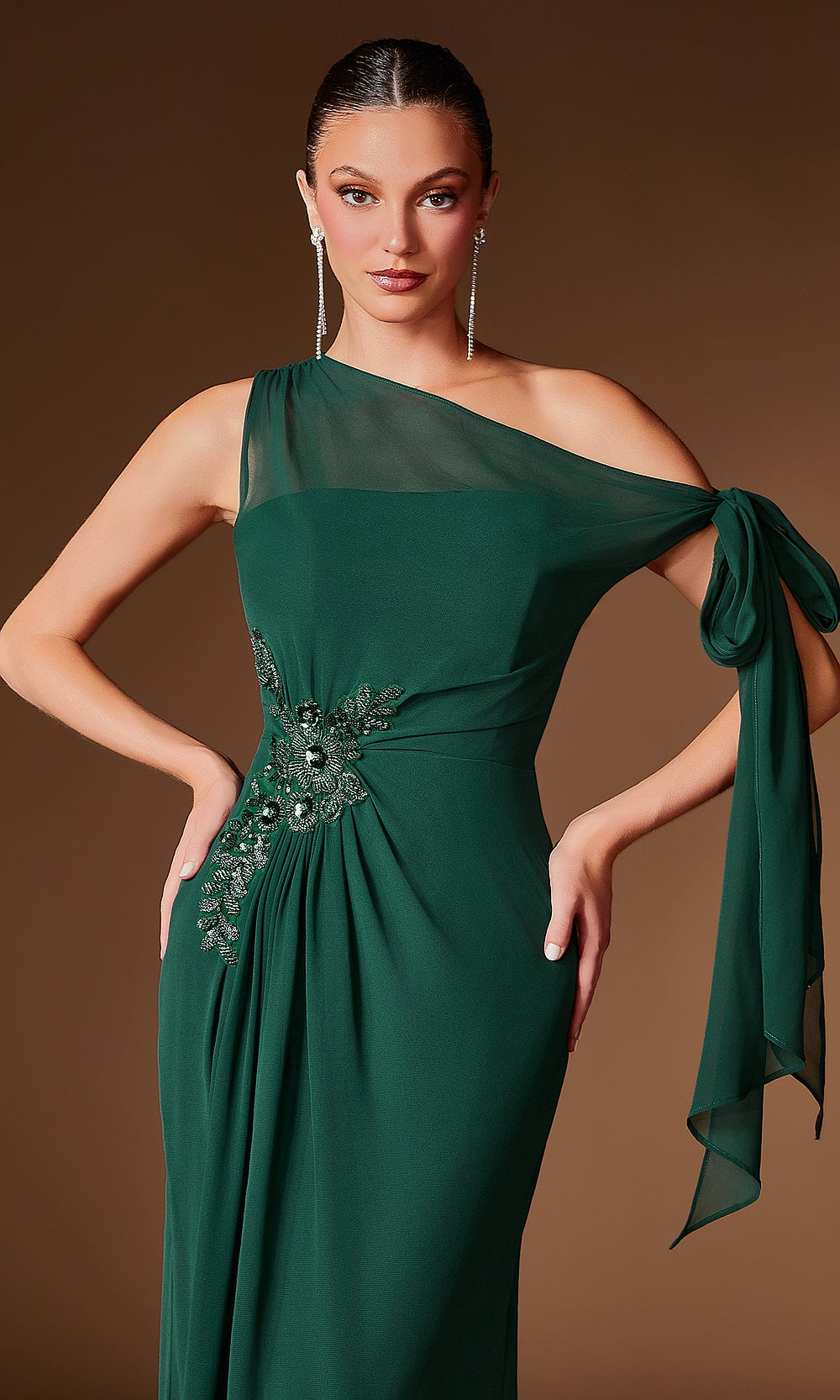 Ladivine CH2612 emerald evening dress with beaded floral appliqué crystal detail and ruching at the waist, close-up detail view, mother of the bride styling, a formal favorite