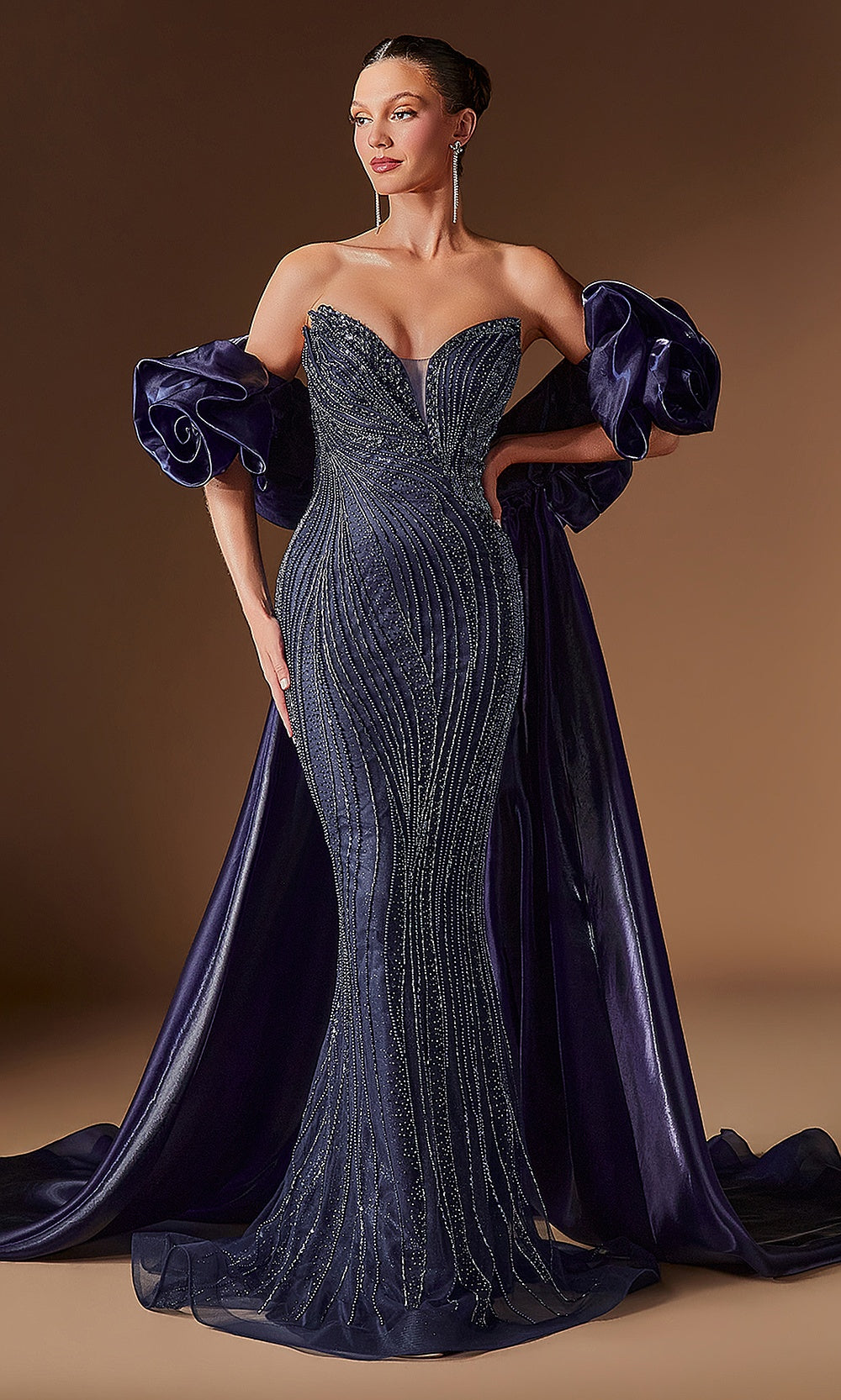 Ladivine CJ933 navy prom dress front view, beaded sweetheart strapless fitted mermaid gown with detachable satin overskirt, formal prom gown