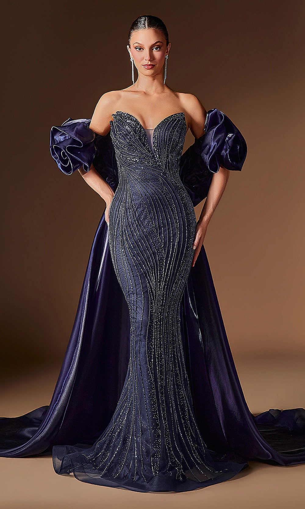 Ladivine CJ933 navy prom dress full length view, fitted beaded mermaid silhouette with dramatic detachable satin overskirt and court train, evening gown