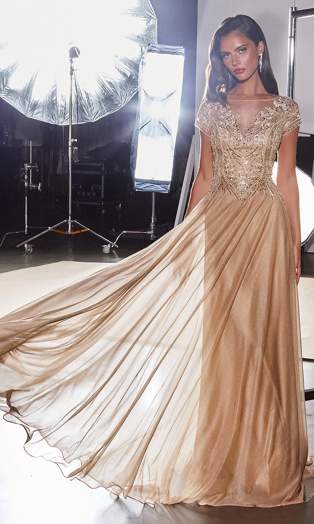 Ladivine CL11 gold gown editorial view with embroidered illusion scoop neckline, metallic glitter skirt, A-line silhouette, gala gown, a formal favorite