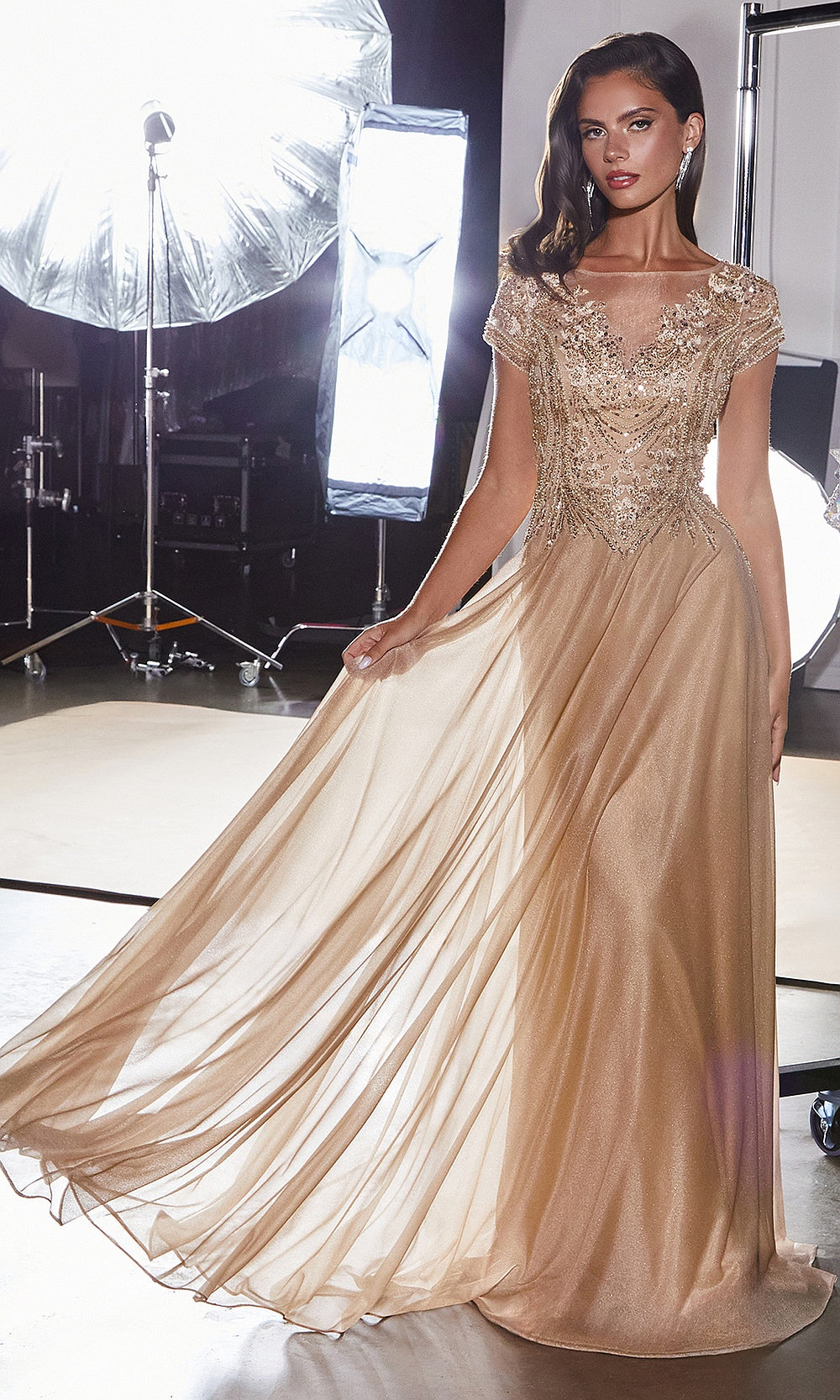 Ladivine CL11 gold formal gown full-length view with beaded cap-sleeve bodice, flowing glitter skirt, hem, red carpet styling