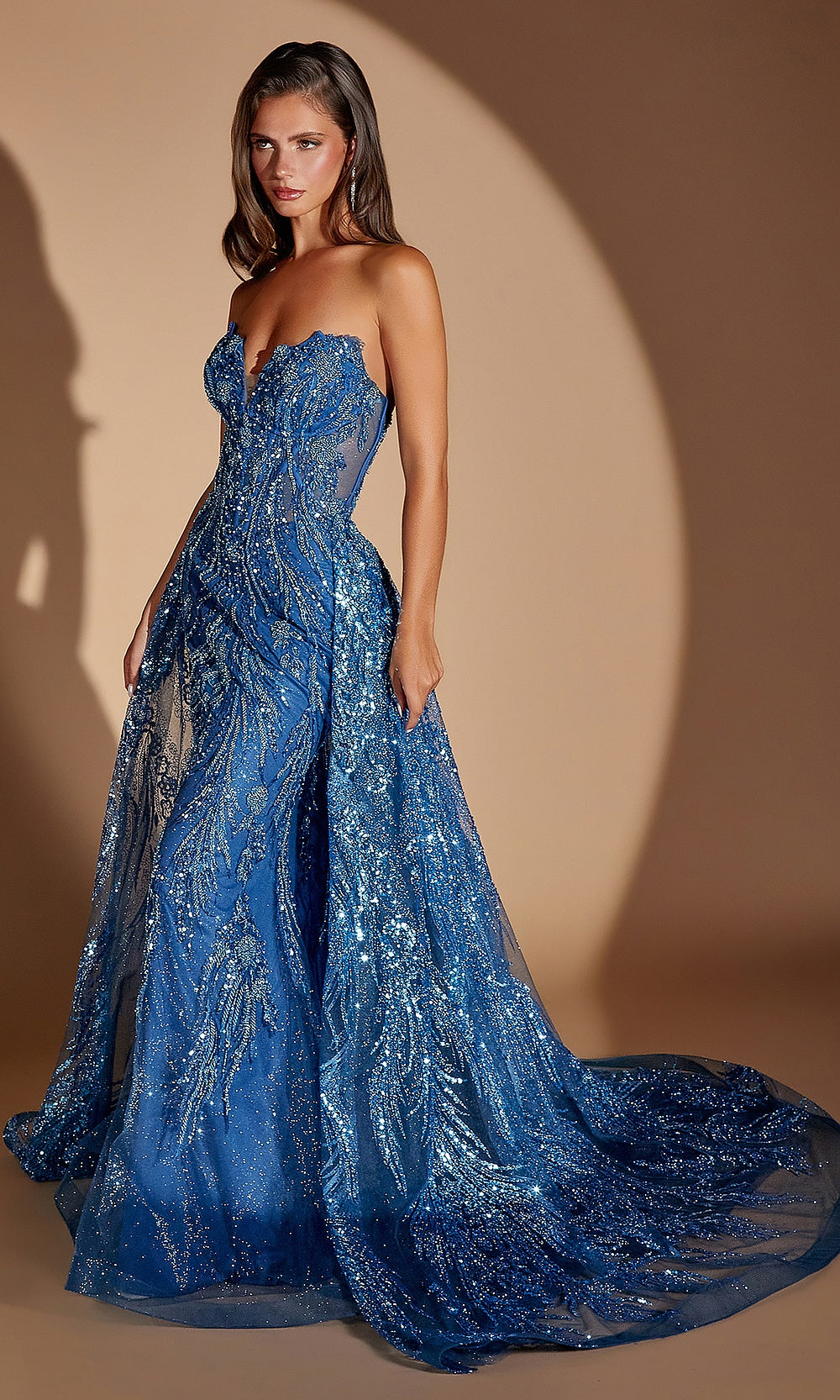 Ladivine CM393 blue prom dress side view with tulle sequin glitter beading detachable ballgown overskirt mermaid silhouette formal prom gown
