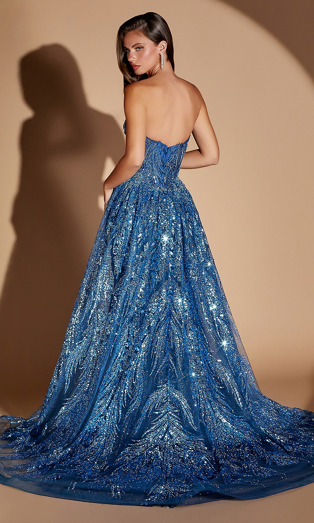 Ladivine CM393 blue prom dress back view with tulle sequin glitter beading fully open back train mermaid silhouette evening gown