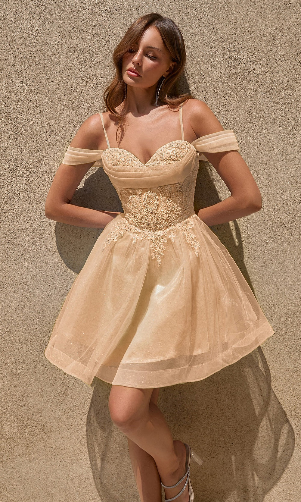 Ladivine CY024 champagne beige celebration dress with tulle skirt, floral appliqué lace bodice, off-shoulder draping, front view, semi-formal party dress