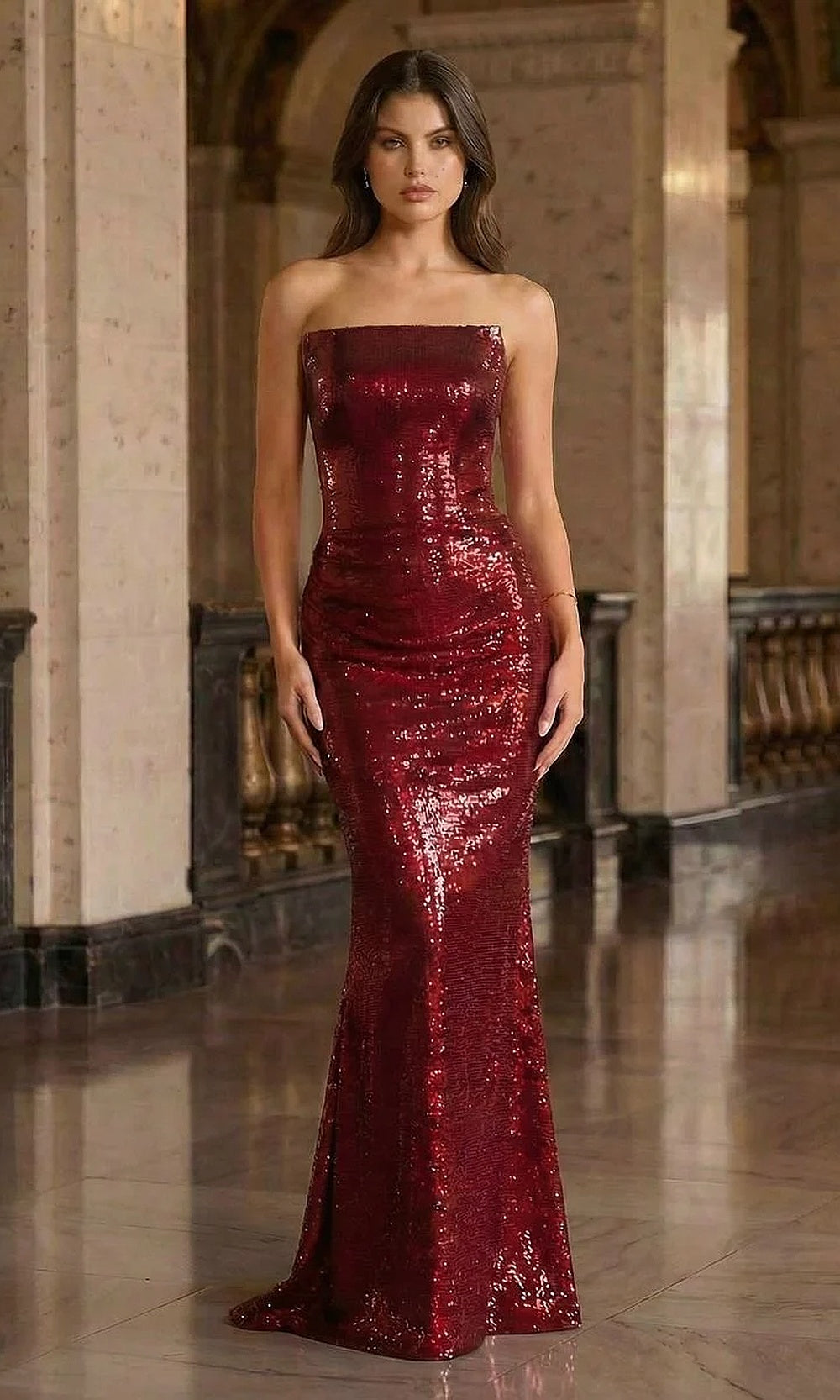 Ladivine J904 red prom dress with all-over sequin fabric, structured corset bodice, straight strapless neckline, fitted floor-length silhouette, front view, formal prom gown